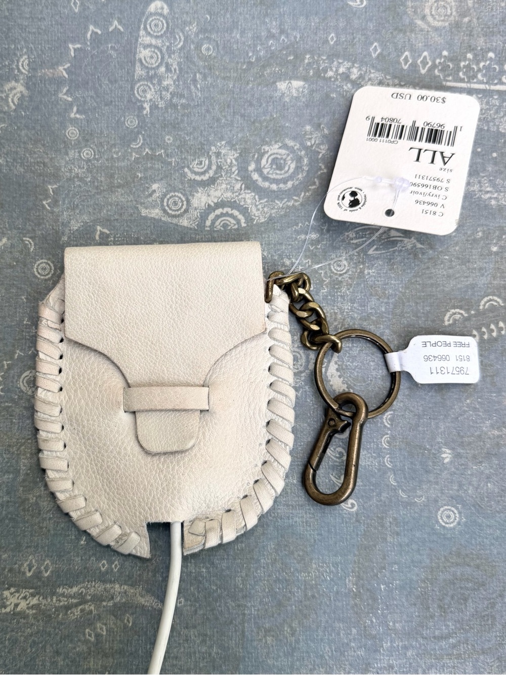 Free People Cream Whipstitch Leather Key & Card Holder with Brass Chain